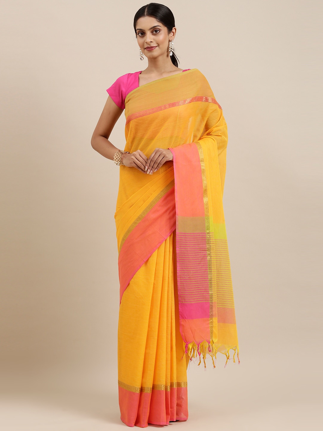 

The Chennai Silks Yellow & Pink Handloom Pure Cotton Saree