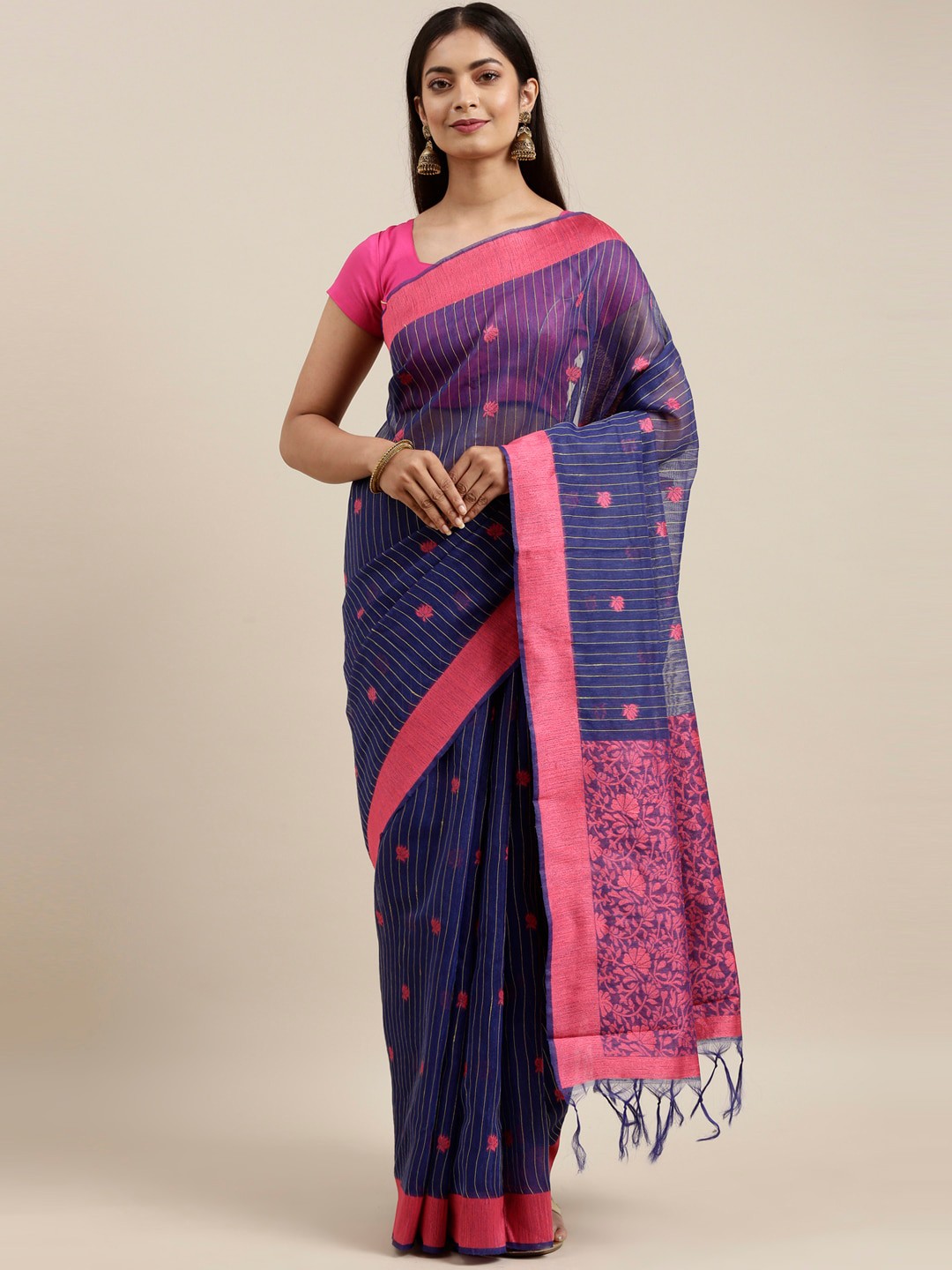 

The Chennai Silks Navy Blue & Pink Striped Saree