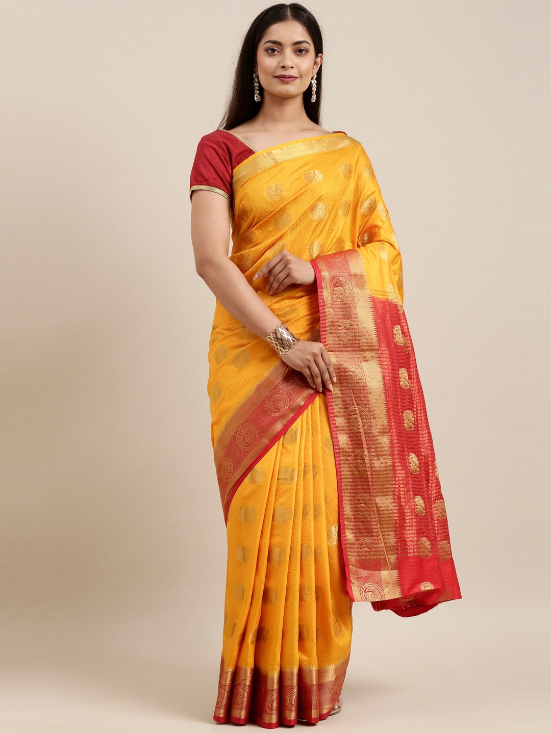 

The Chennai Silks Yellow & Red Ethnic Motifs Zari Saree