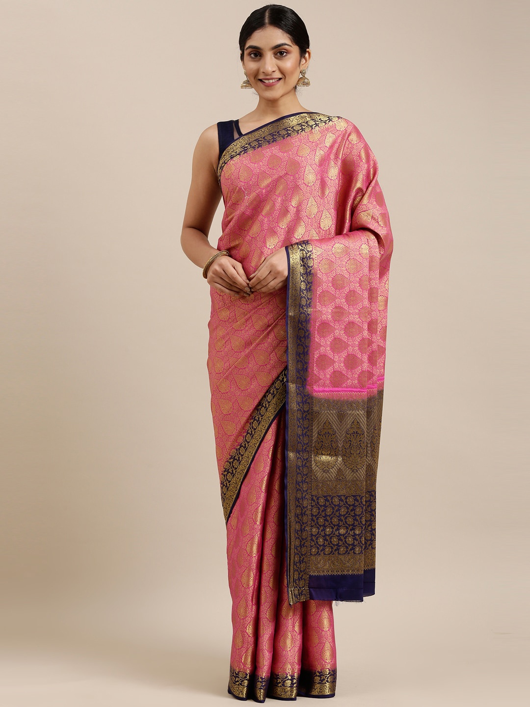 

The Chennai Silks Pink & Navy Blue Ethnic Motifs Brocade Saree