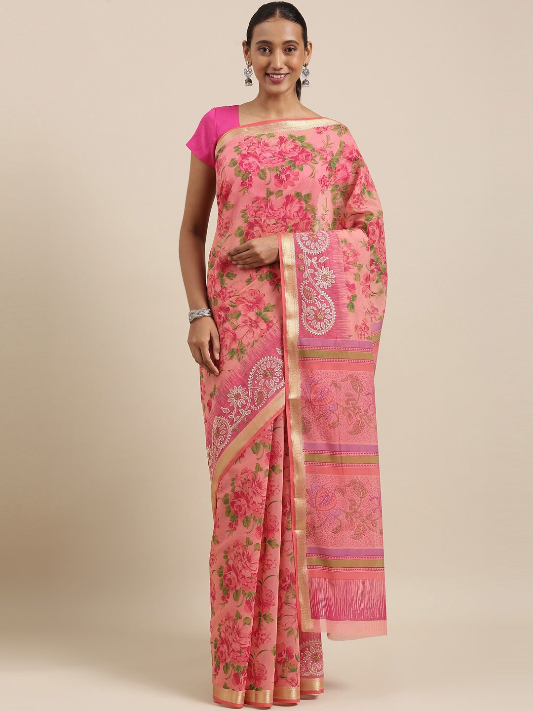 

The Chennai Silks Pink Printed Chanderi Saree