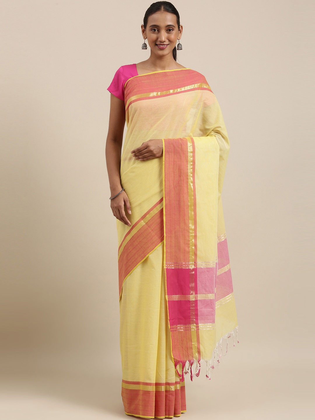 

The Chennai Silks Yellow & Pink Handloom Pure Cotton Saree