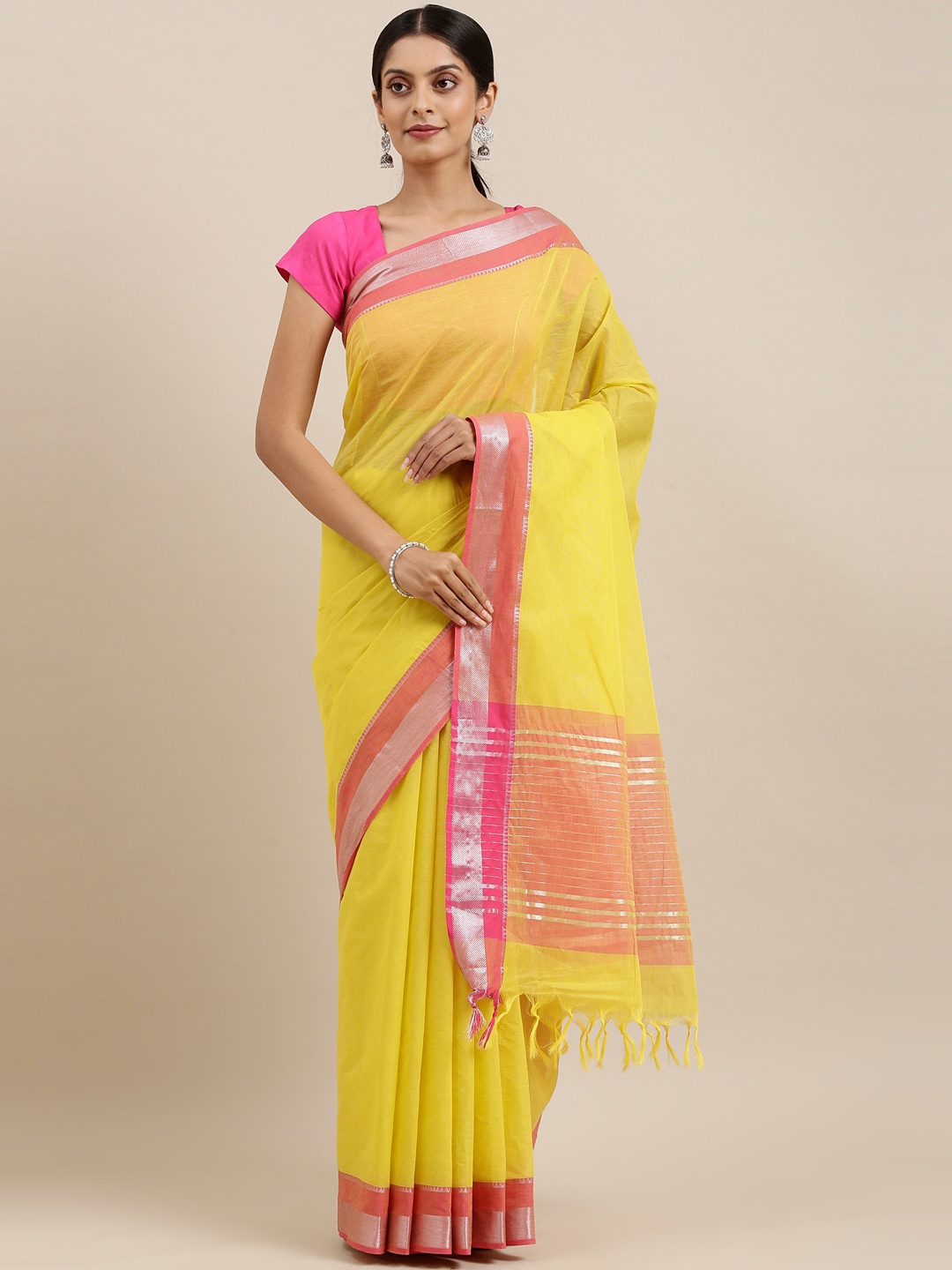 

The Chennai Silks Yellow & Pink Zari Pure Cotton Saree