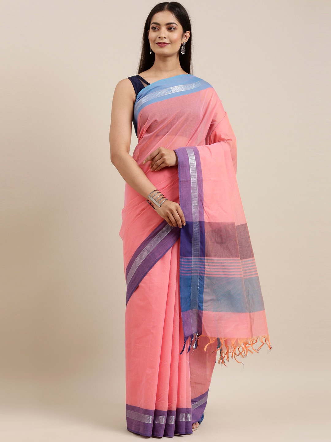 

The Chennai Silks Peach-Coloured & Purple Pure Cotton Saree