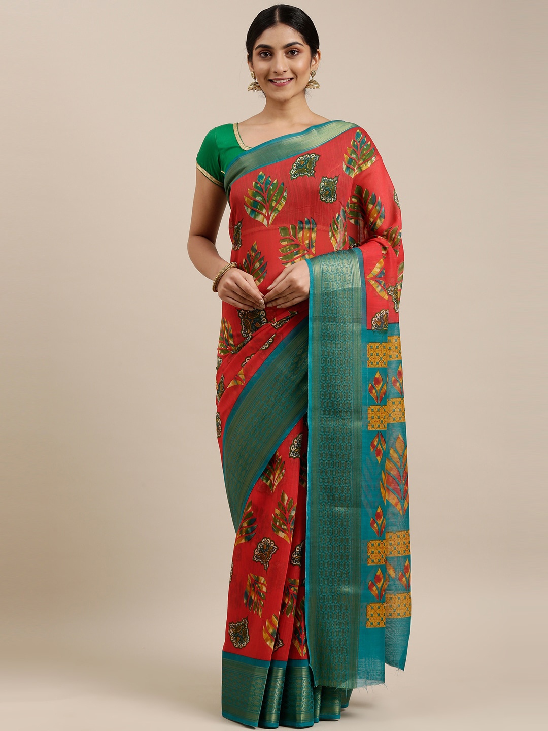 

The Chennai Silks Red & Green Floral Zari Bhagalpuri Saree