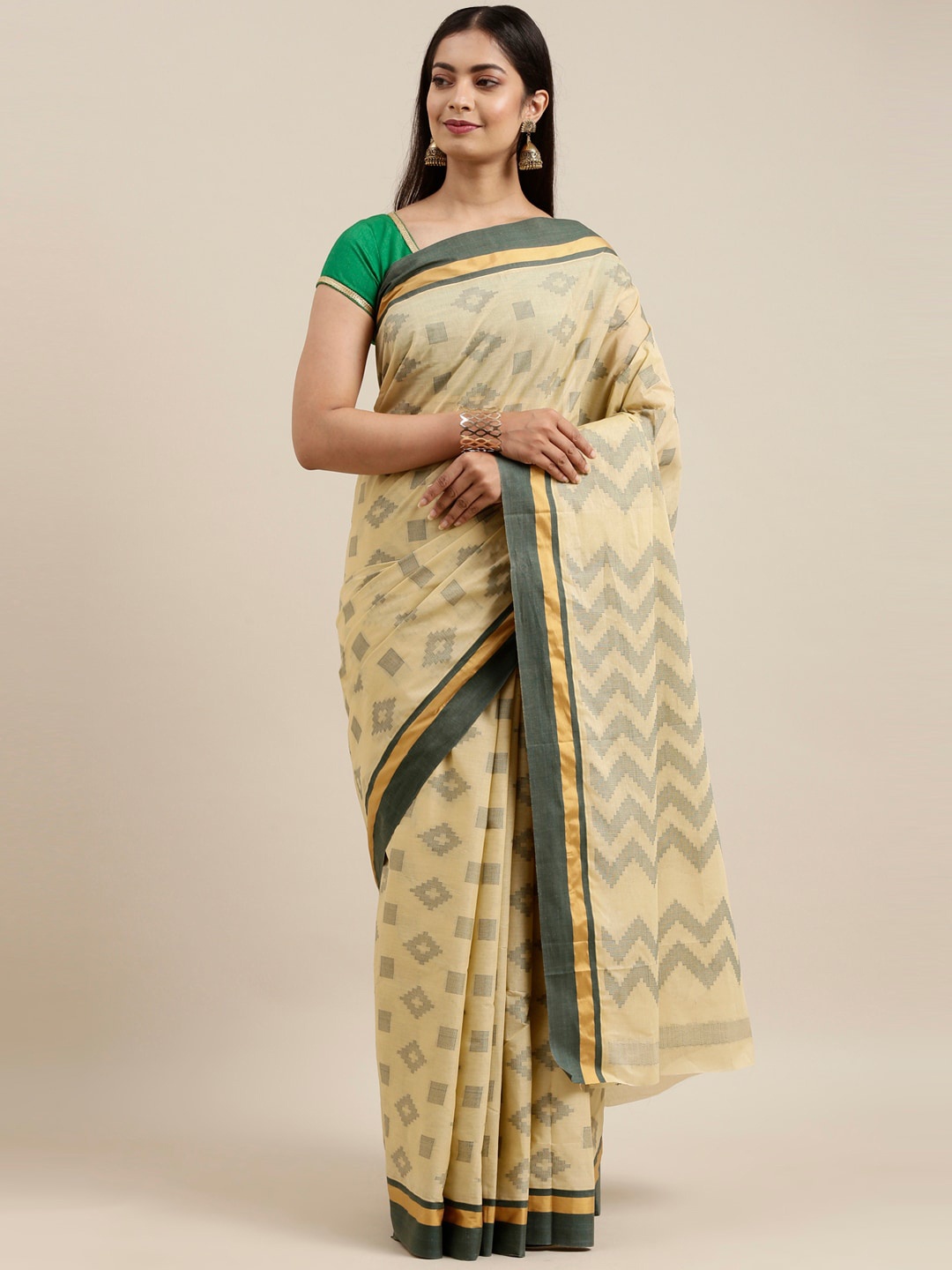 

The Chennai Silks Beige & Green Ethnic Motifs Pure Cotton Saree