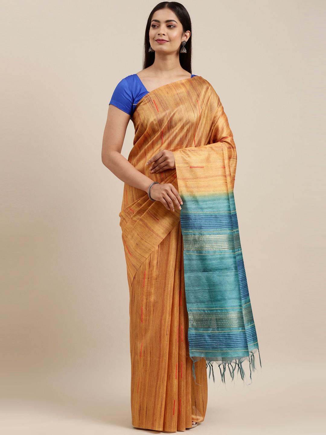 

The Chennai Silks Mustard & Turquoise Blue Ethnic Motifs Saree