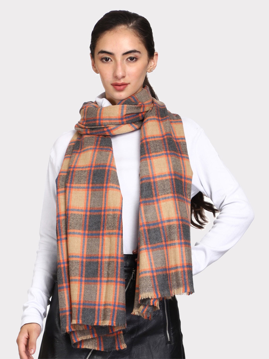 

WEAVERS VILLA Women Orange & Grey Checked Stole