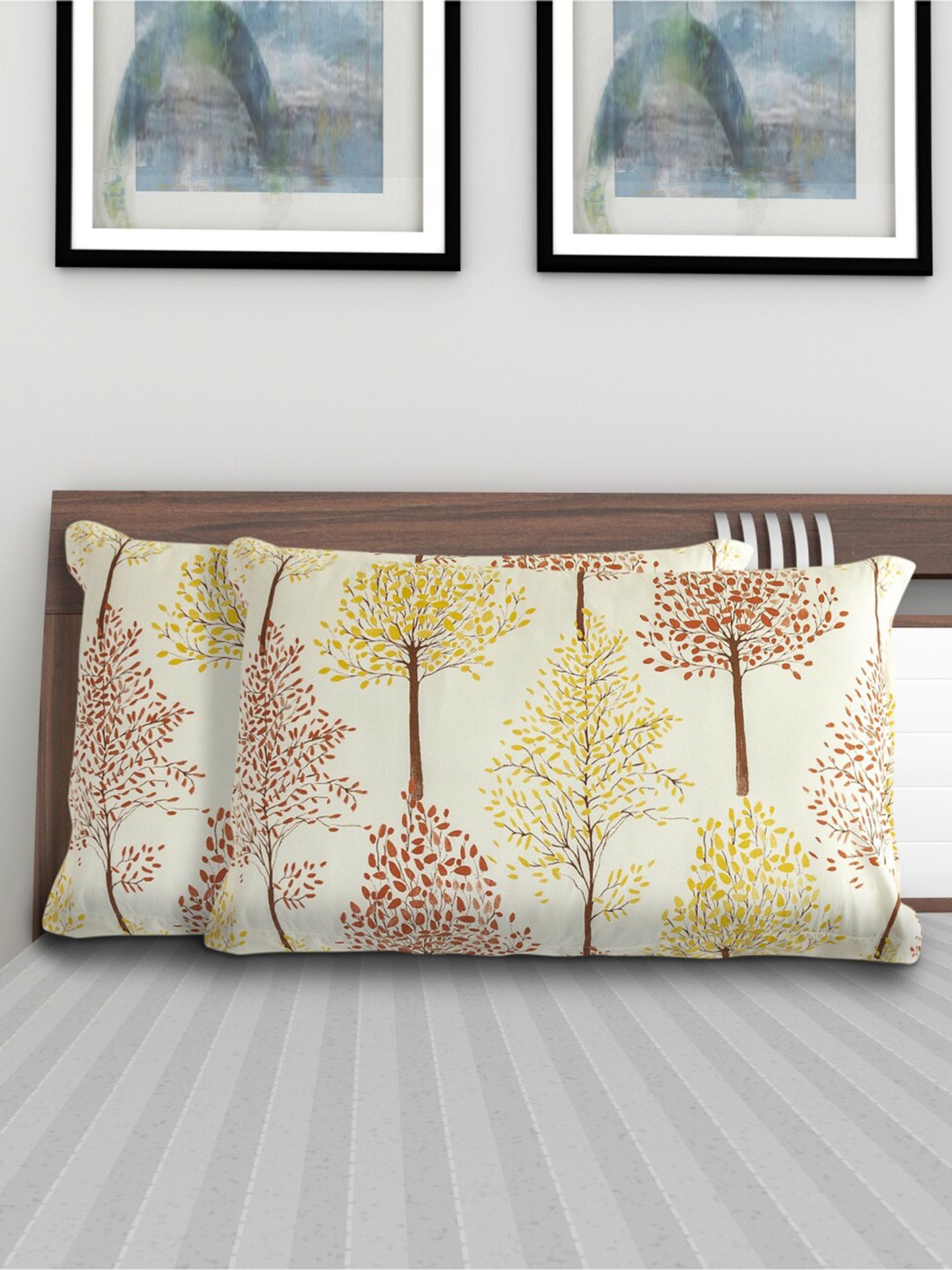 

Home Centre Set Of 2 Cream & Yellow Printed Pure Cotton Pillow Cover, Beige