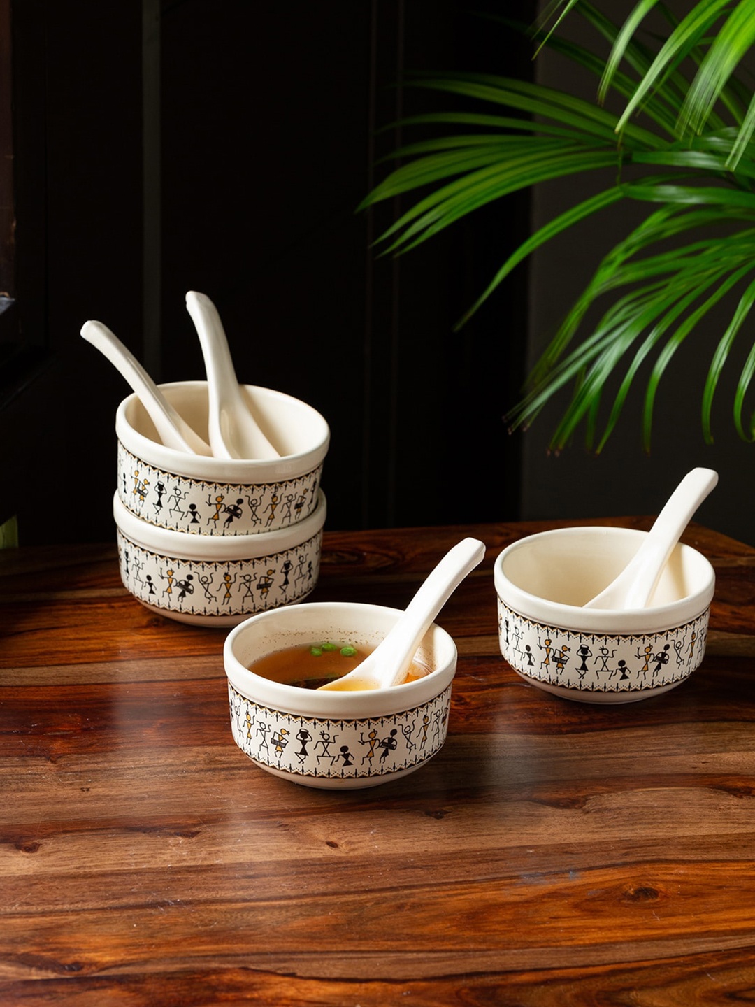 

ExclusiveLane White & Yellow Set of 4 Ceramic Soup Bowls with Spoons