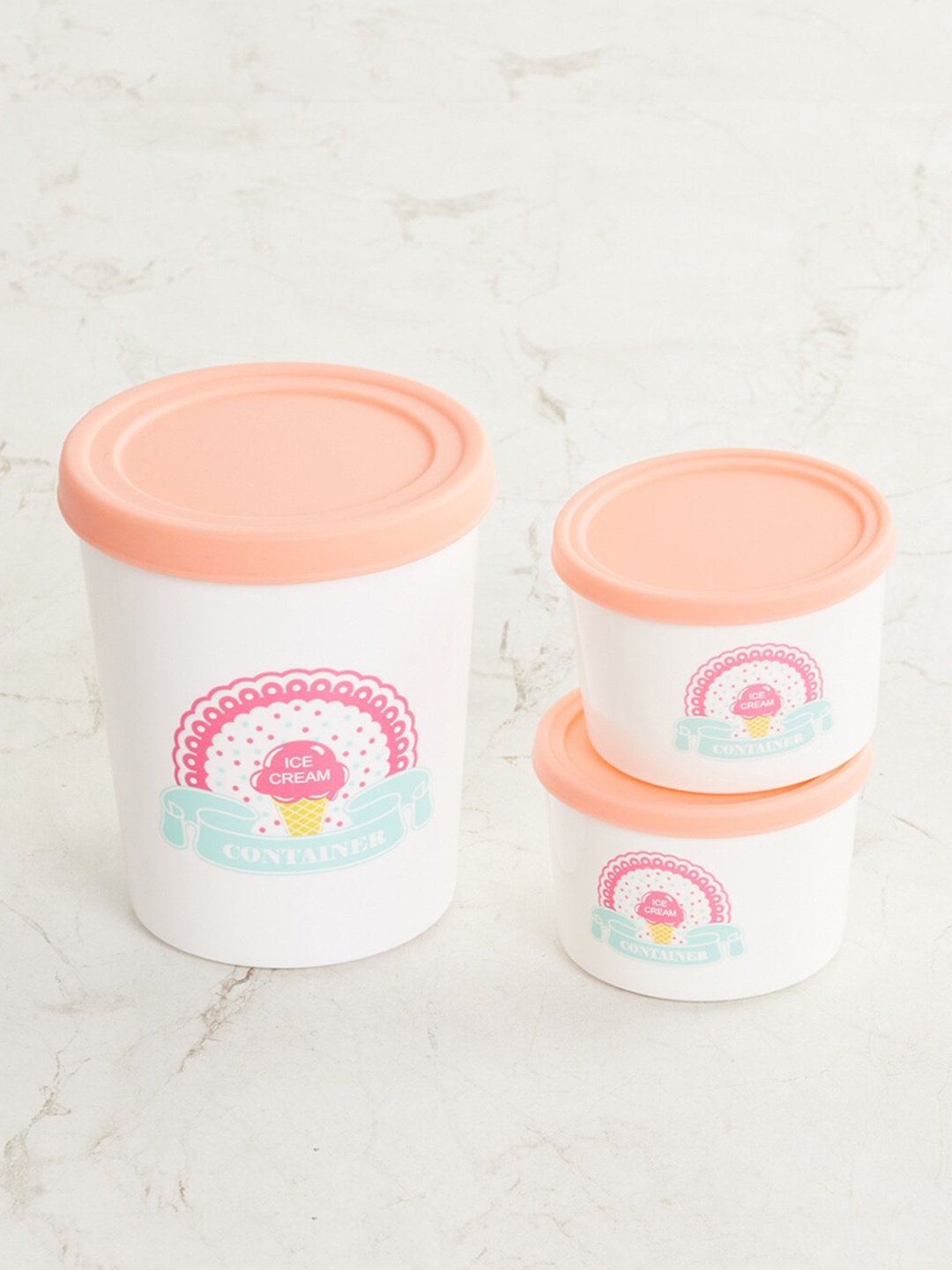 

Home Centre Set Of 3 White & Peach-Colored Printed Polypropylene Food Container