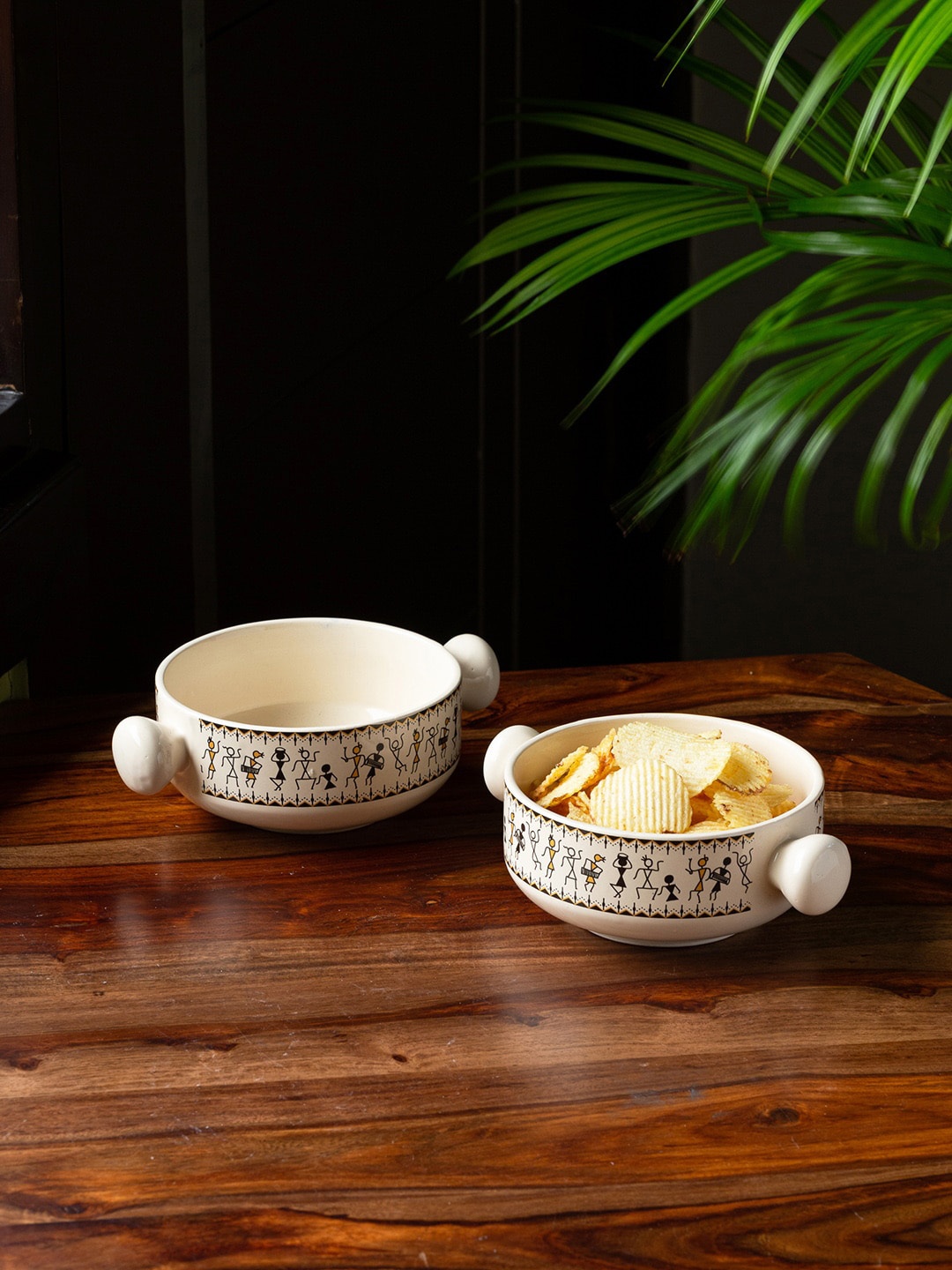 

ExclusiveLane Set Of 2 Whispers Of Warli Handcrafted Serveware Bowls - 400 ML, White