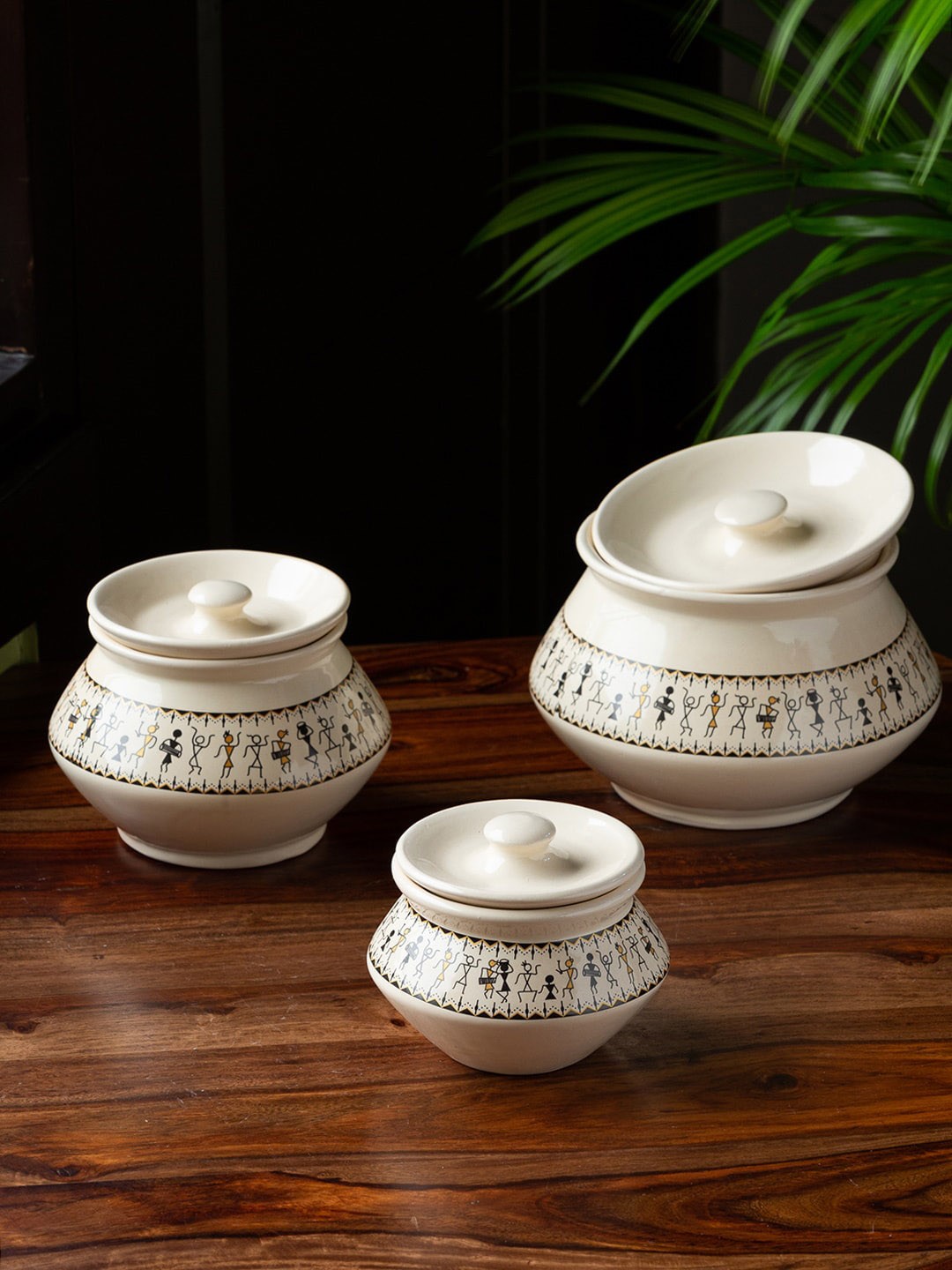 

ExclusiveLane Set of 3 Whispers of Warli Printed Serving Handis With Lids, White