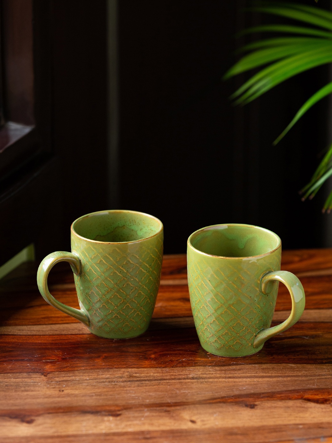 

ExclusiveLane Set Of 2 Green Handcrafted Solid Ceramic Glossy Coffee Mugs (300 ML)