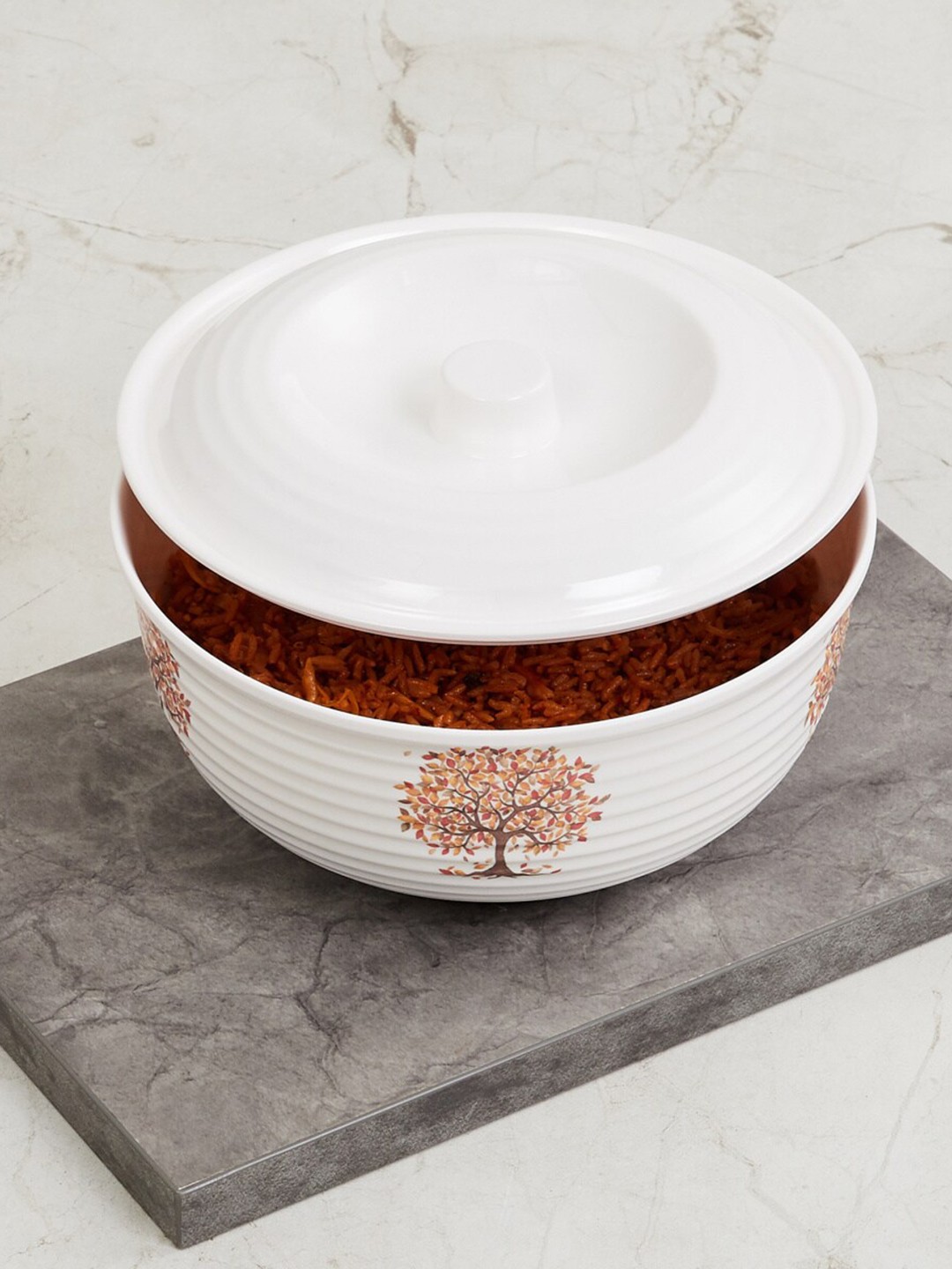 

Home Centre White & Orange Printed Meadows Madora Glossy Serving Bowl
