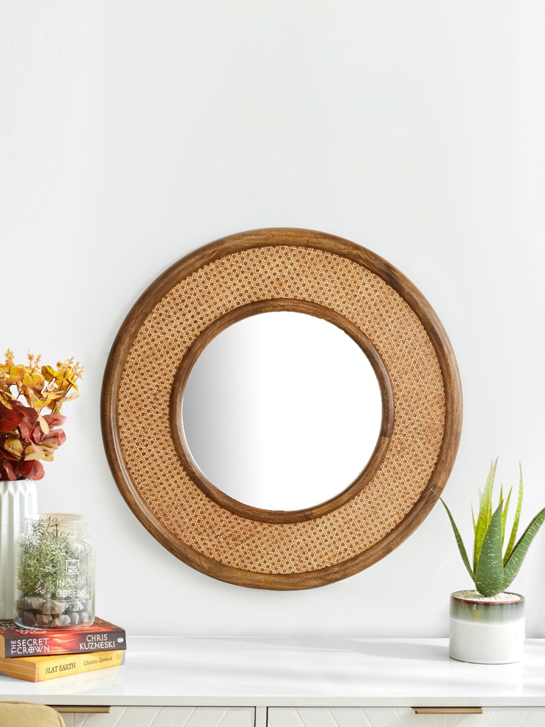 

Home Centre Brown & Beige Round Cane Mirror