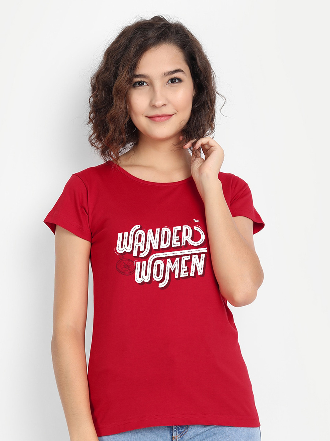 

BE AWARA Women Red White Typography Printed Cotton Pure Cotton T-shirt