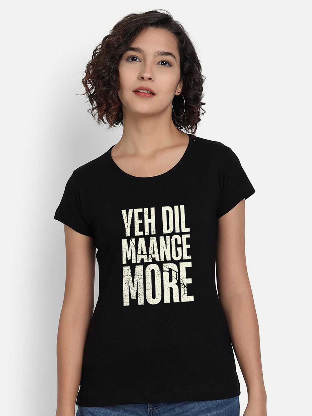 

BE AWARA Women Black Off White Typography Printed Pure Cotton T-shirt