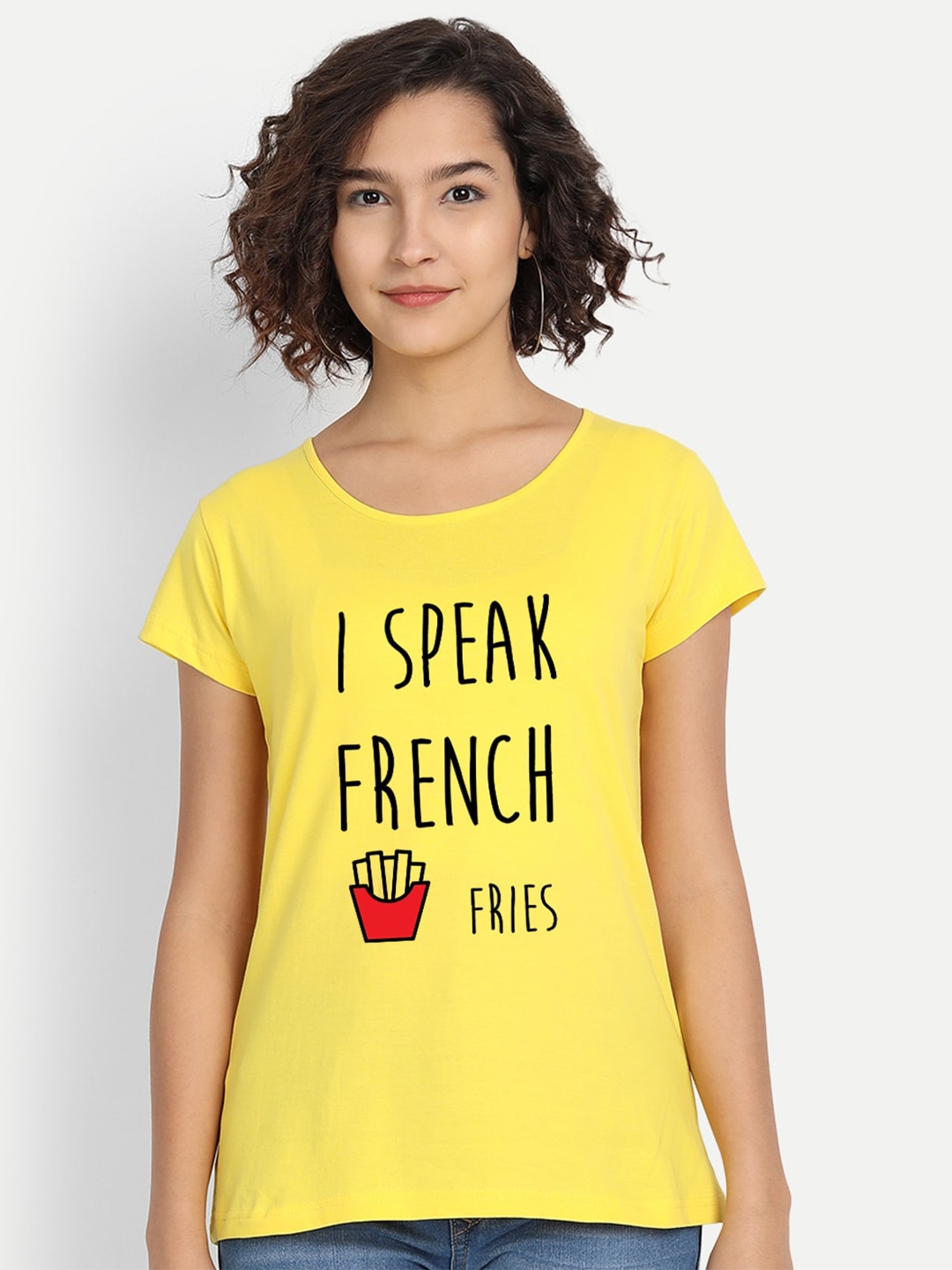

BE AWARA Women Yellow Typography Printed Pure Cotton T-shirt