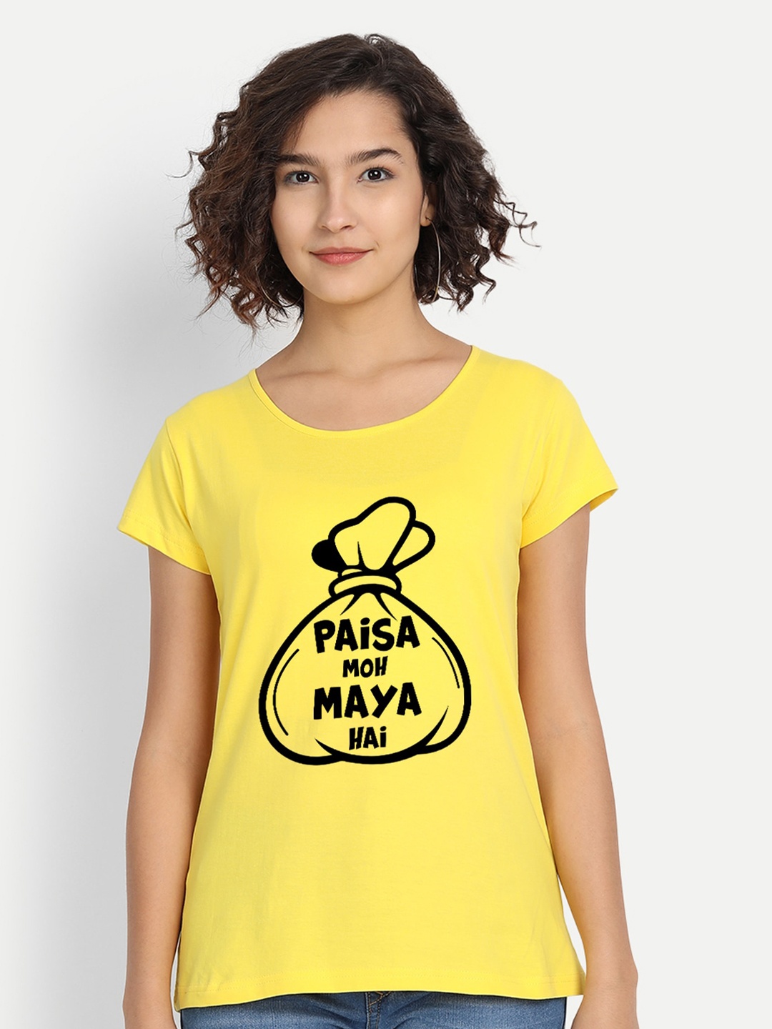 

BE AWARA Women Yellow Typography Printed Applique T-shirt