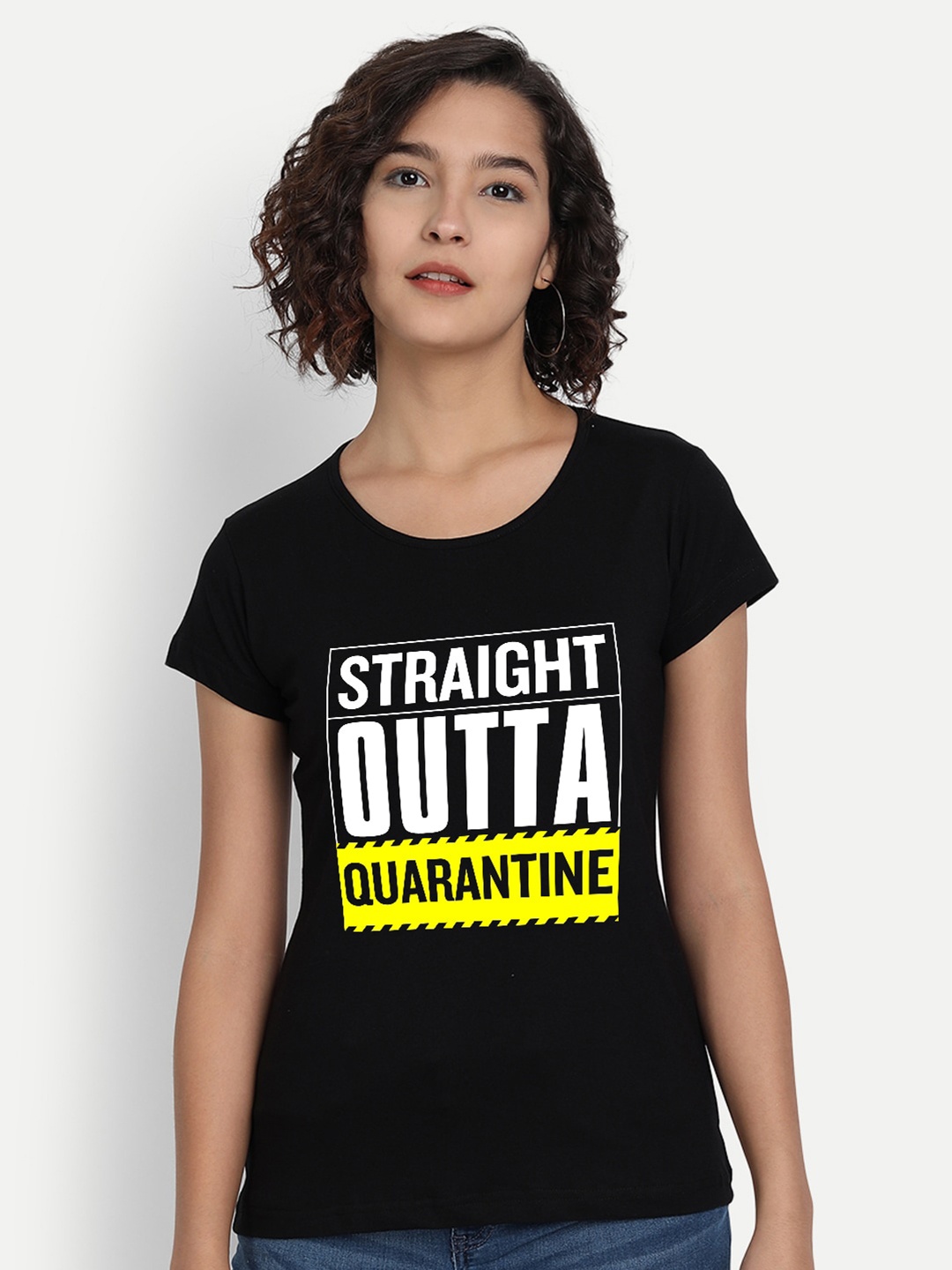 

BE AWARA Women Black Typography Printed Pure Cotton T-shirt