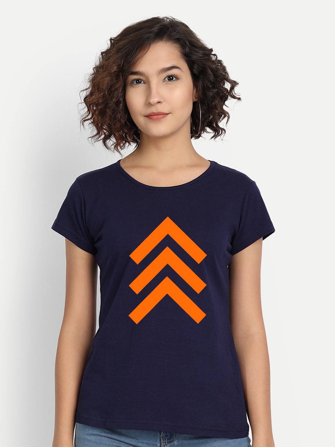 

BE AWARA Women Navy Blue Orange Printed Pure Cotton T-shirt