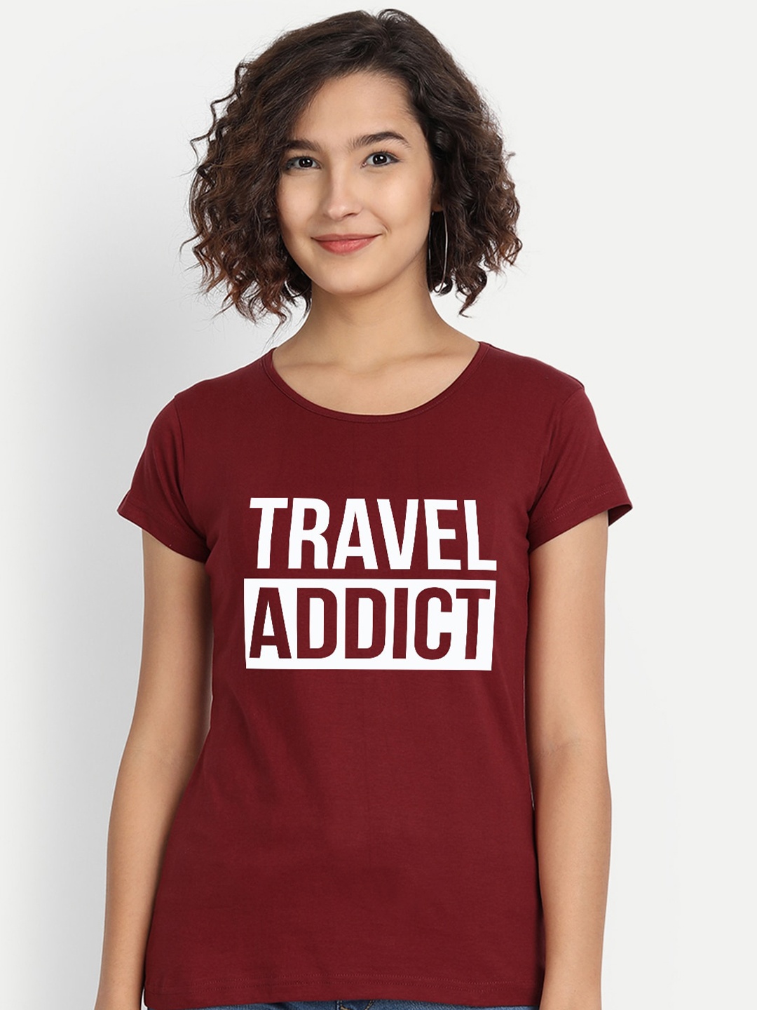 

BE AWARA Women Maroon & White Typography Printed T-shirt