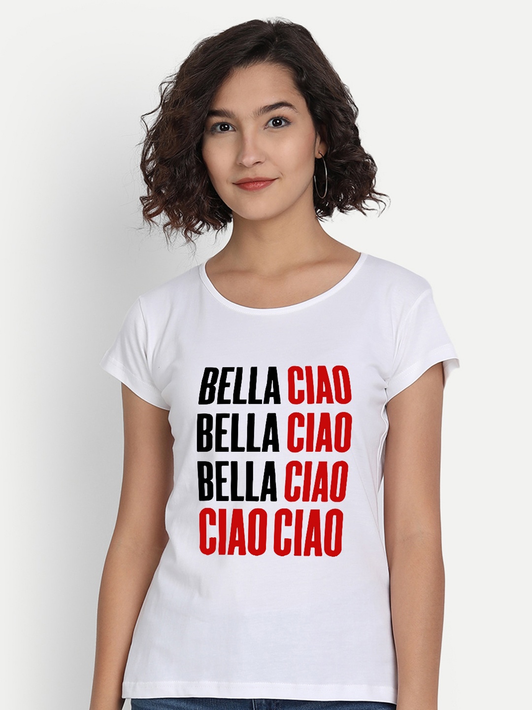 

BE AWARA Women White & Red Money Heist Bella Ciao Printed T-shirt