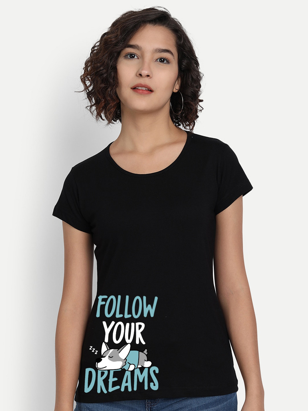 

BE AWARA Women Black Green Typography Pure Cotton T-shirt