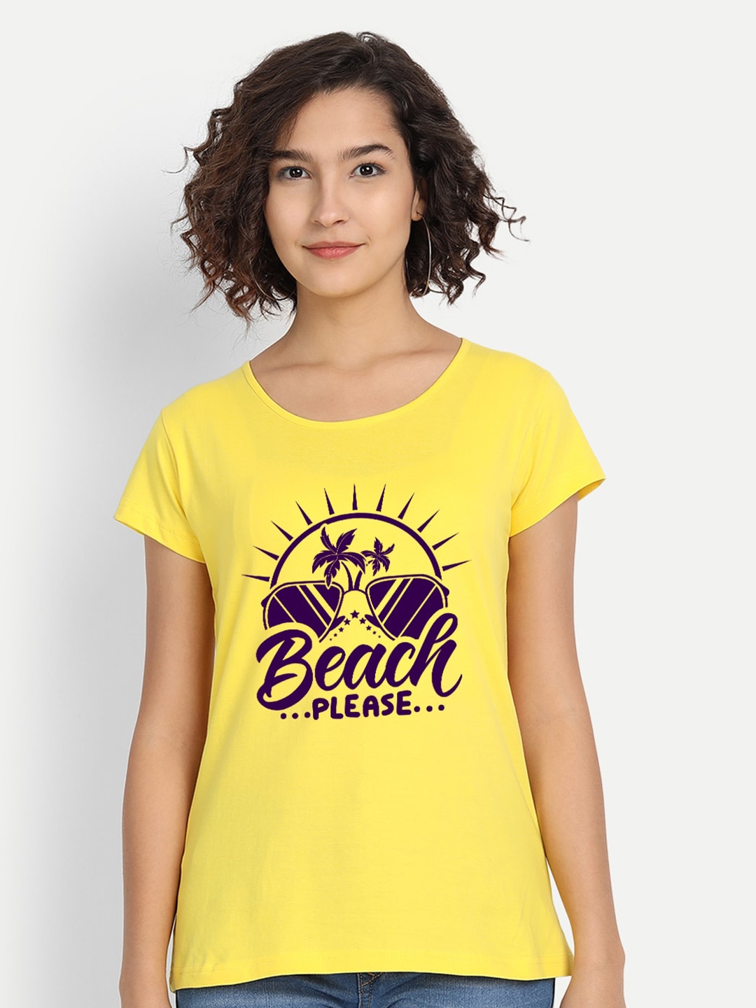 

BE AWARA Women Yellow Typography Printed Pure Cotton T-shirt