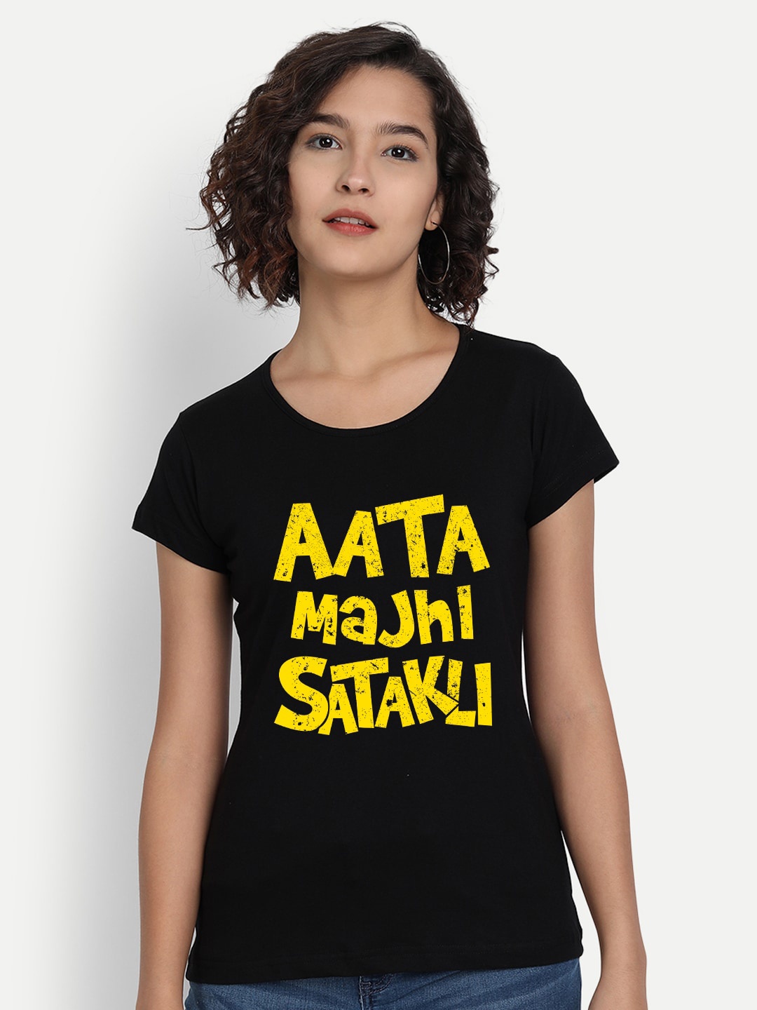 

BE AWARA Women Black Yellow Typography Printed Pure Cotton T-shirt