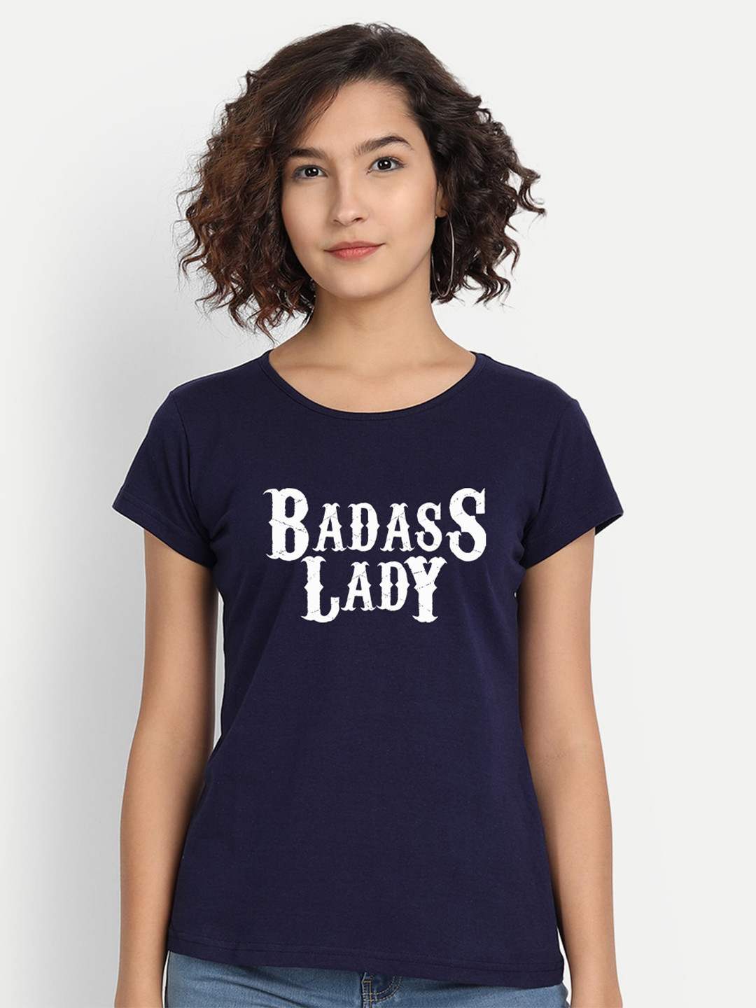 

BE AWARA Women Navy Blue Typography Printed Applique T-shirt