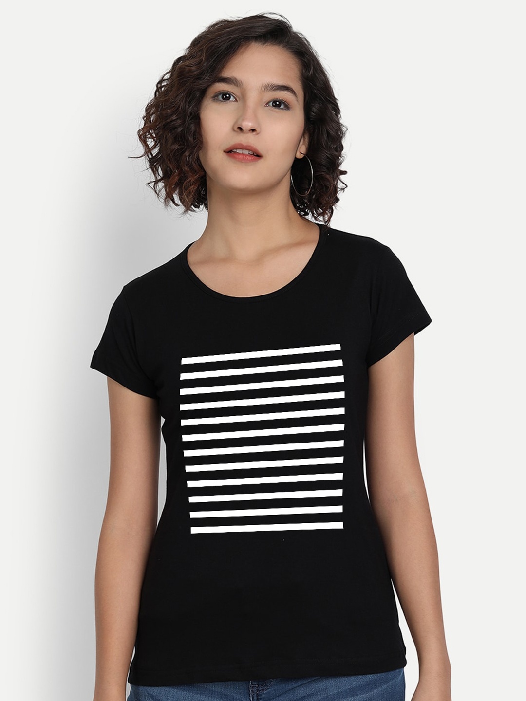 

BE AWARA Women Black Striped Pure Cotton T-shirt