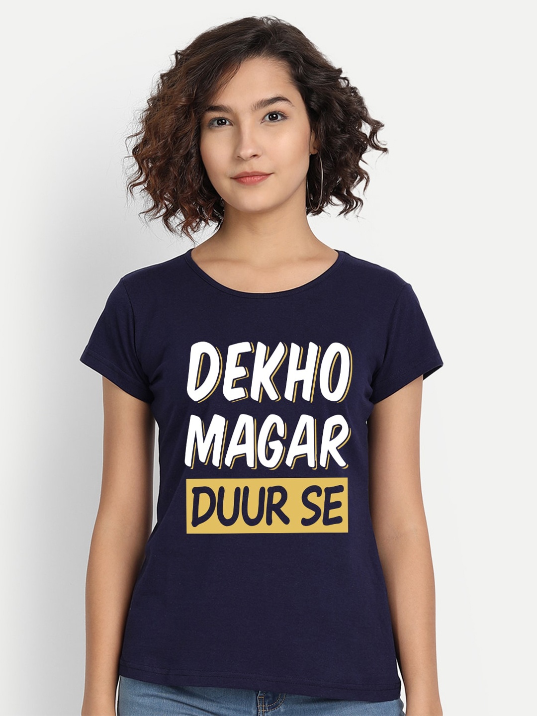 

BE AWARA Women Navy Blue White Typography Printed Cotton Pure Cotton T-shirt
