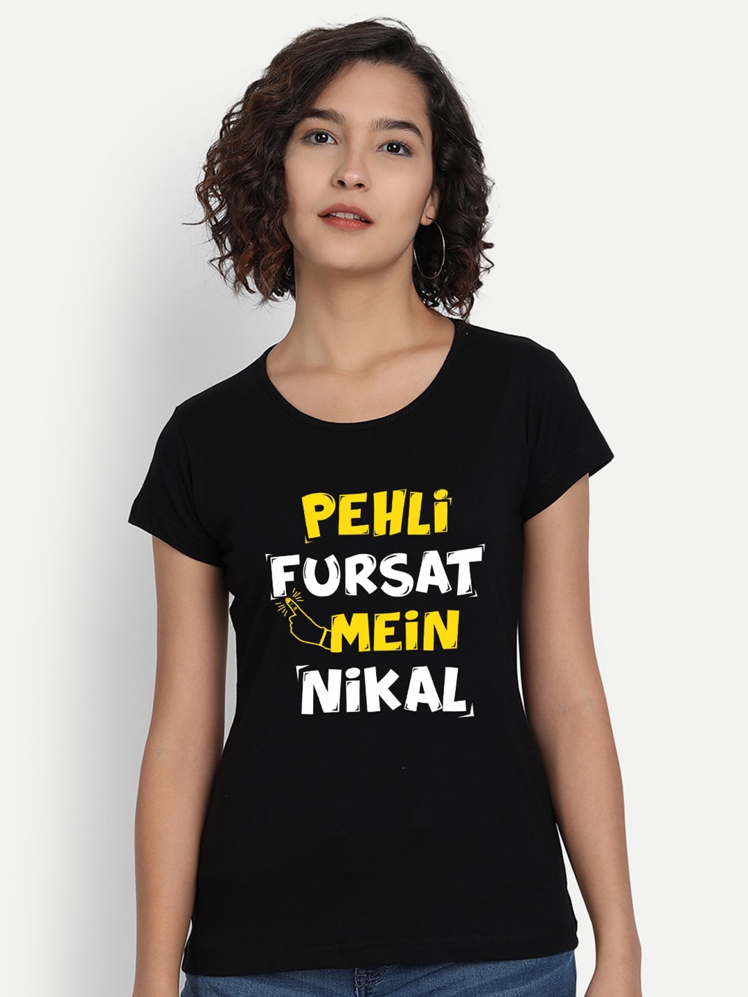 

BE AWARA Women Black Yellow Typography Printed Pure Cotton T-shirt