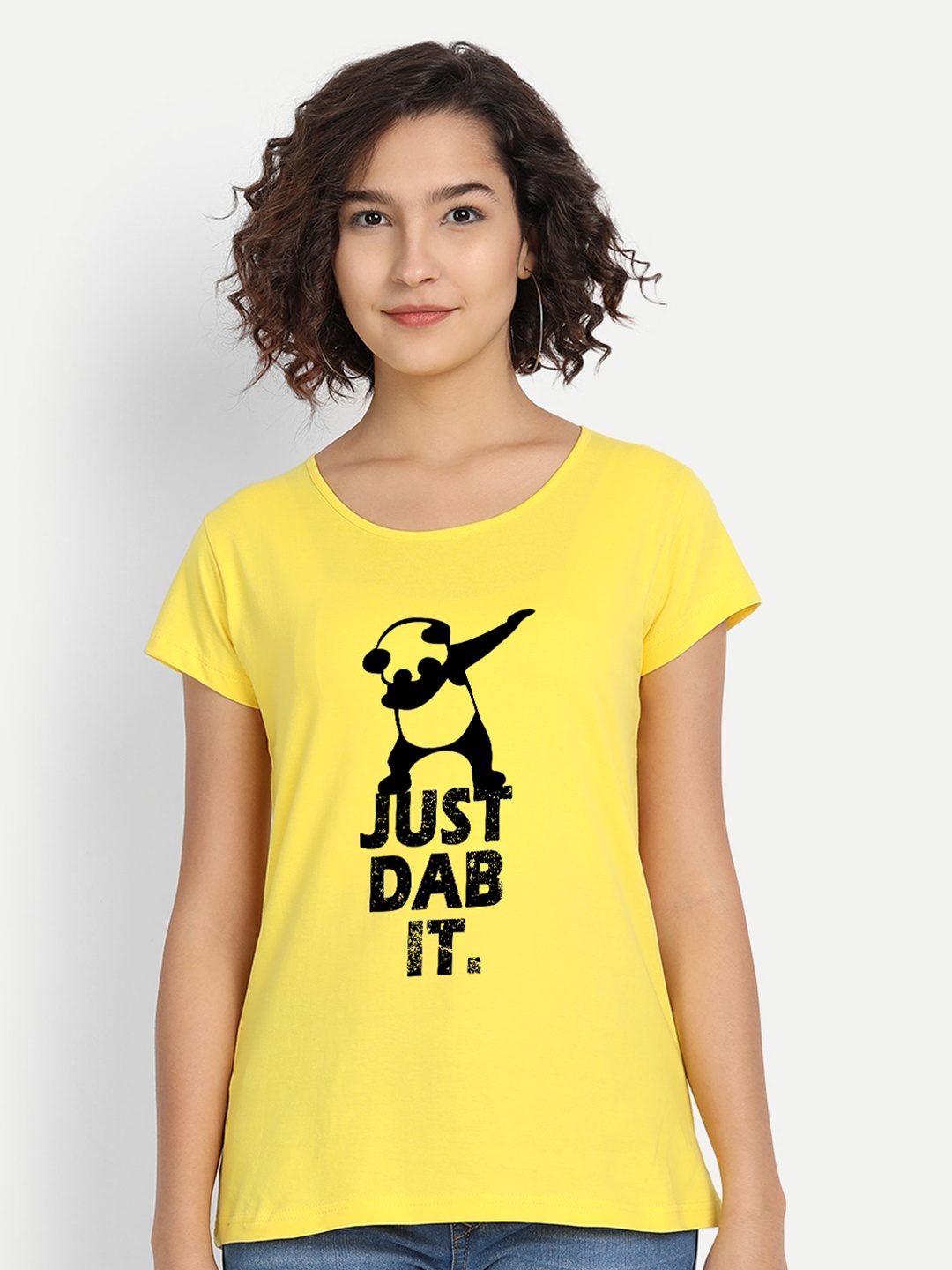 

BE AWARA Women Yellow Black Typography Printed Pure Cotton T-shirt