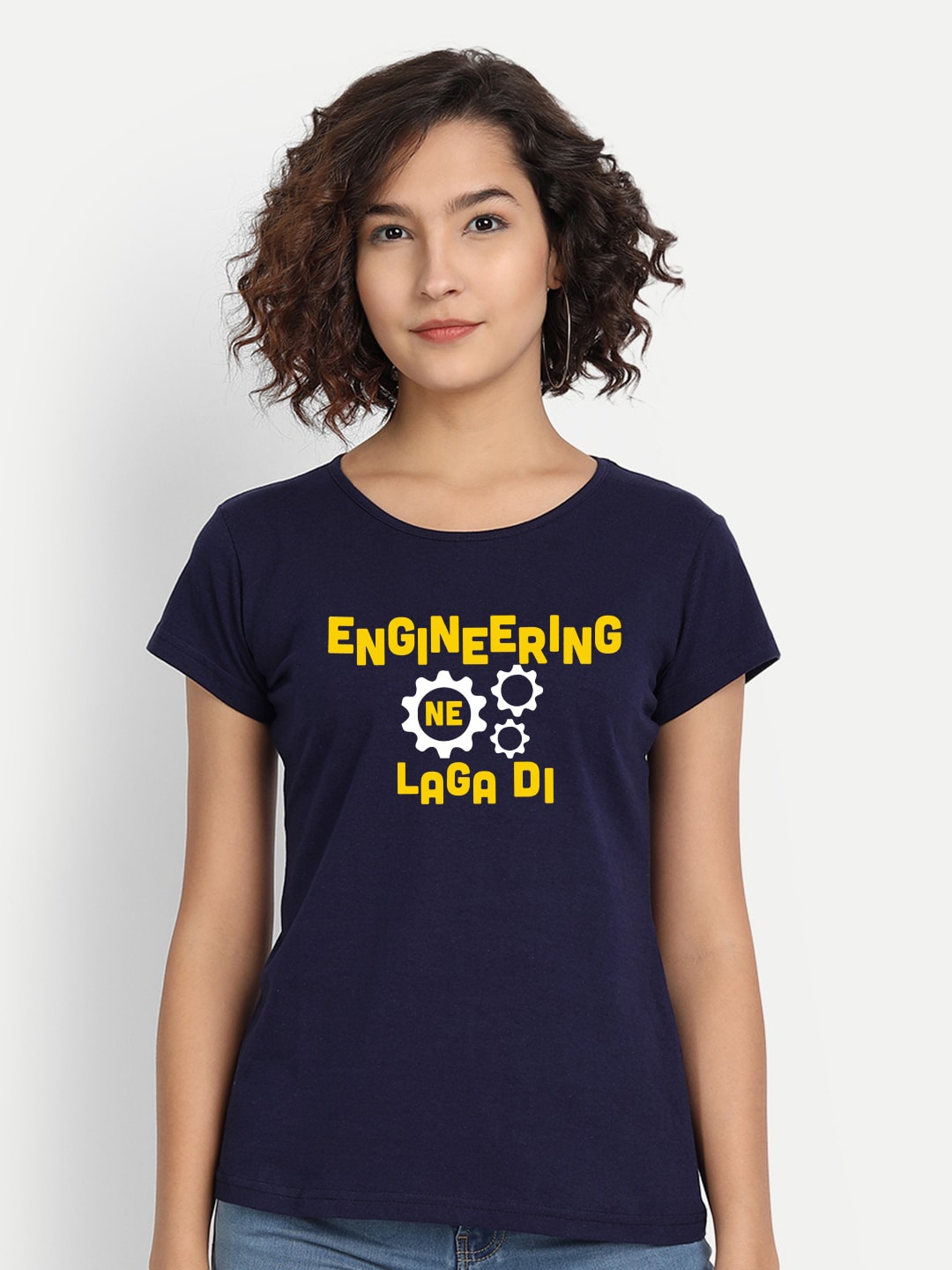 

BE AWARA Women Navy Blue Typography Printed Applique T-shirt
