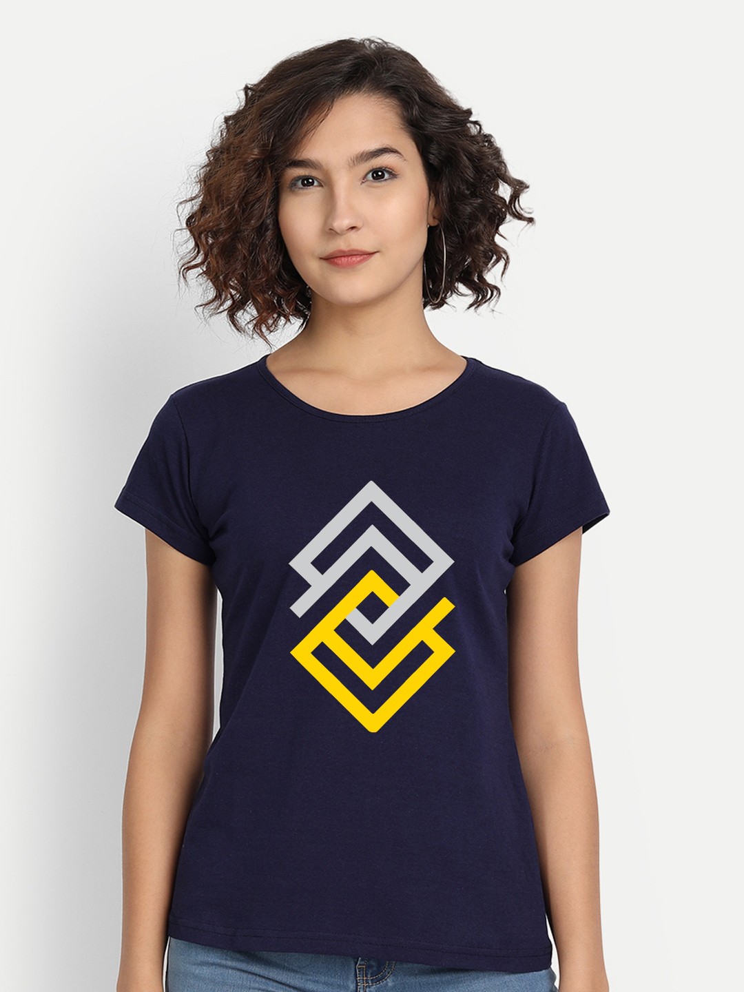 

BE AWARA Women Navy Blue Yellow Printed Cotton Pure Cotton T-shirt