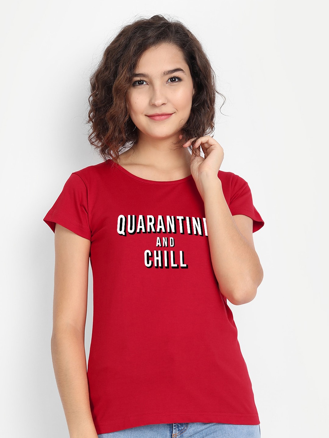 

BE AWARA Women Red & White Typography Printed T-shirt