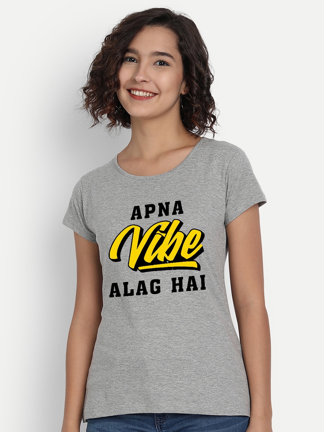 

BE AWARA Women Grey Melange Typography Printed T-shirt