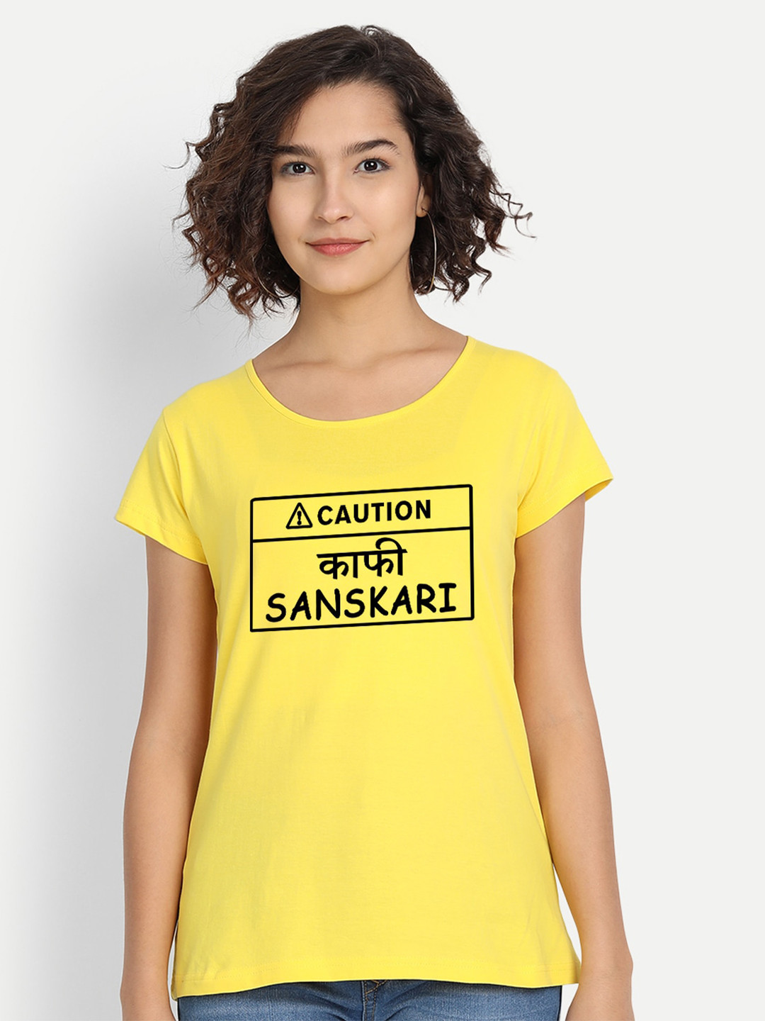 

BE AWARA Women Yellow Black Typography Printed Cotton Pure Cotton T-shirt