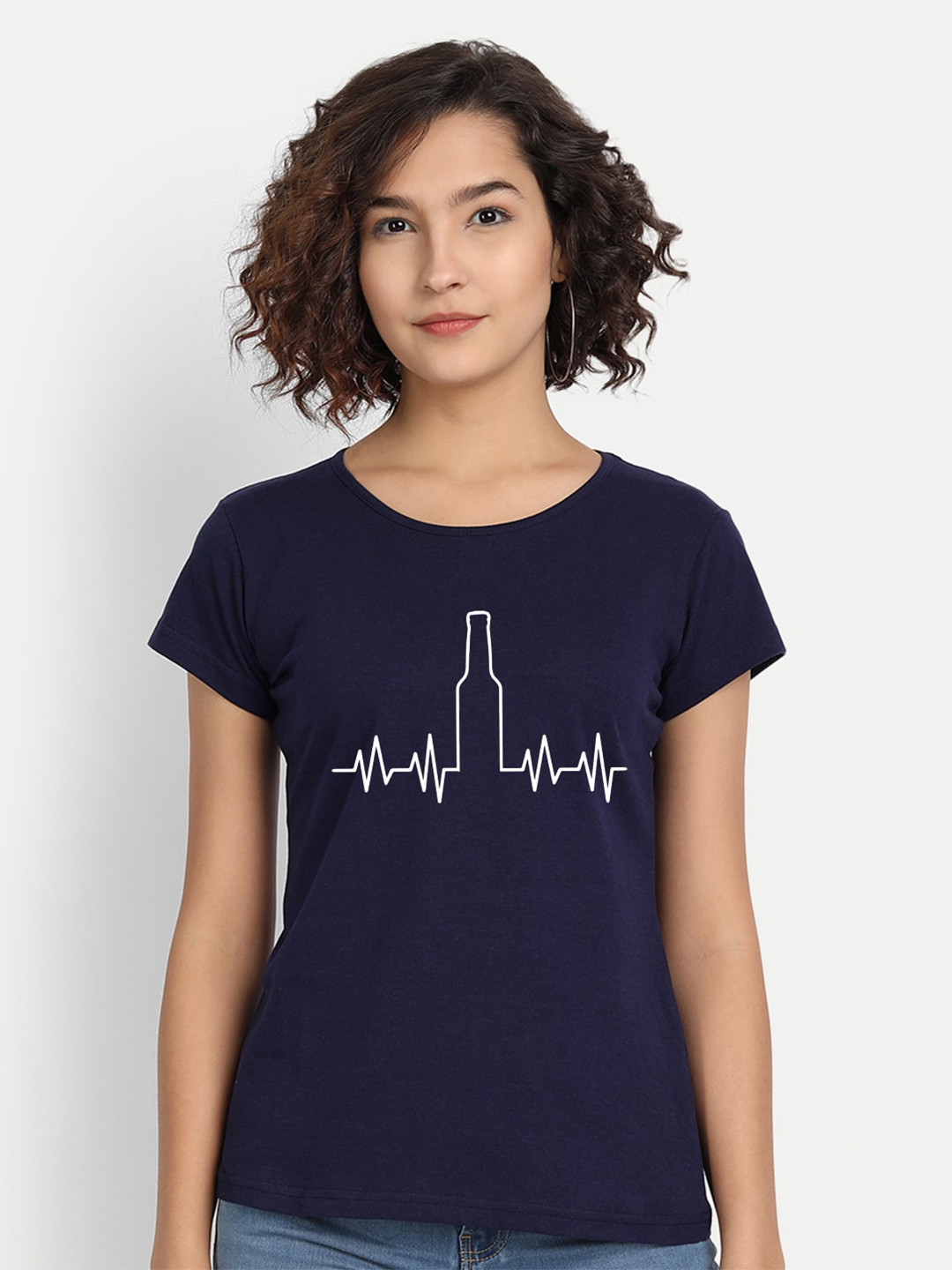 

BE AWARA Women Navy Blue White Printed Pure Cotton T-shirt