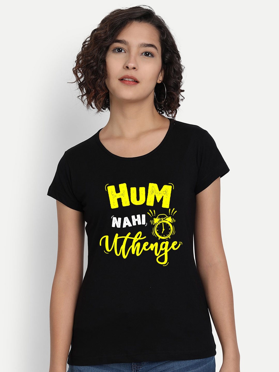 

BE AWARA Women Black Typography Printed Applique T-shirt