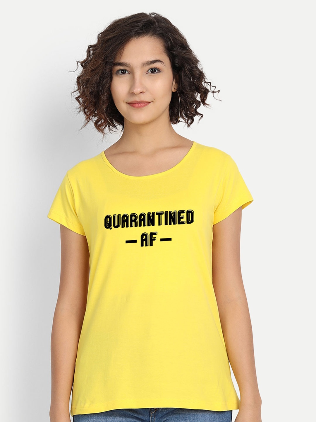 

BE AWARA Women Yellow Black Typography Printed Pure Cotton T-shirt