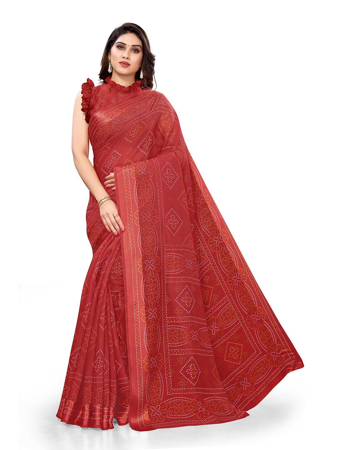 

KALINI Red & Yellow Bandhani Zari Bandhani Saree