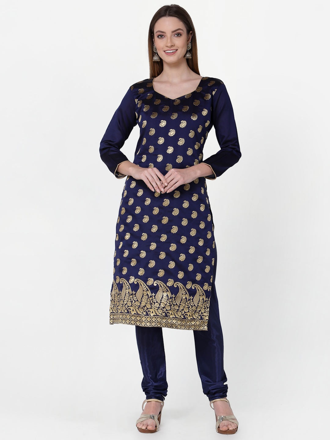 

RAJGRANTH Navy Blue & Gold-Toned Chanderi Jacquard Unstitched Dress Material