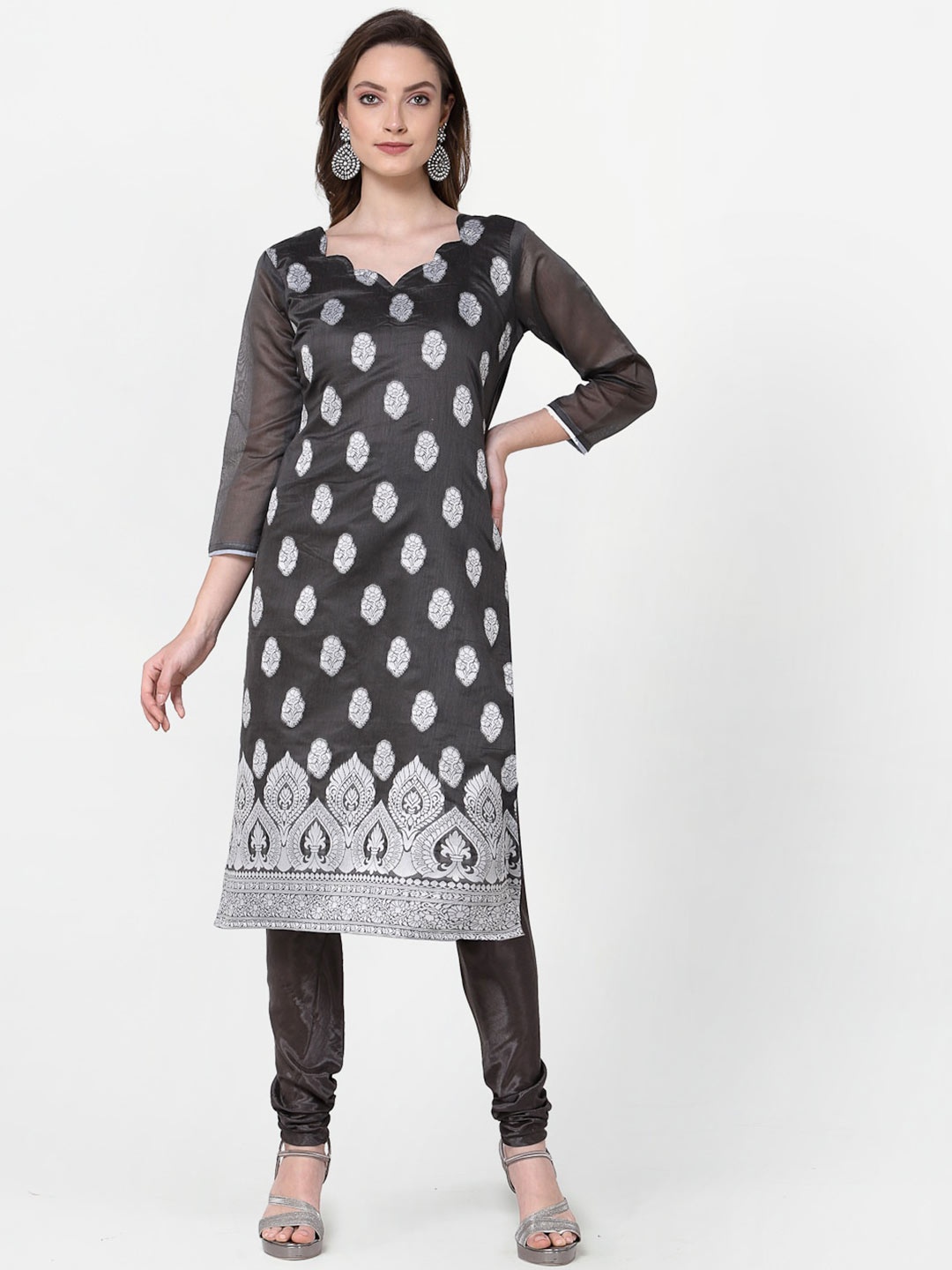 

RAJGRANTH Black & Silver-Toned Printed Jute Cotton Unstitched Dress Material