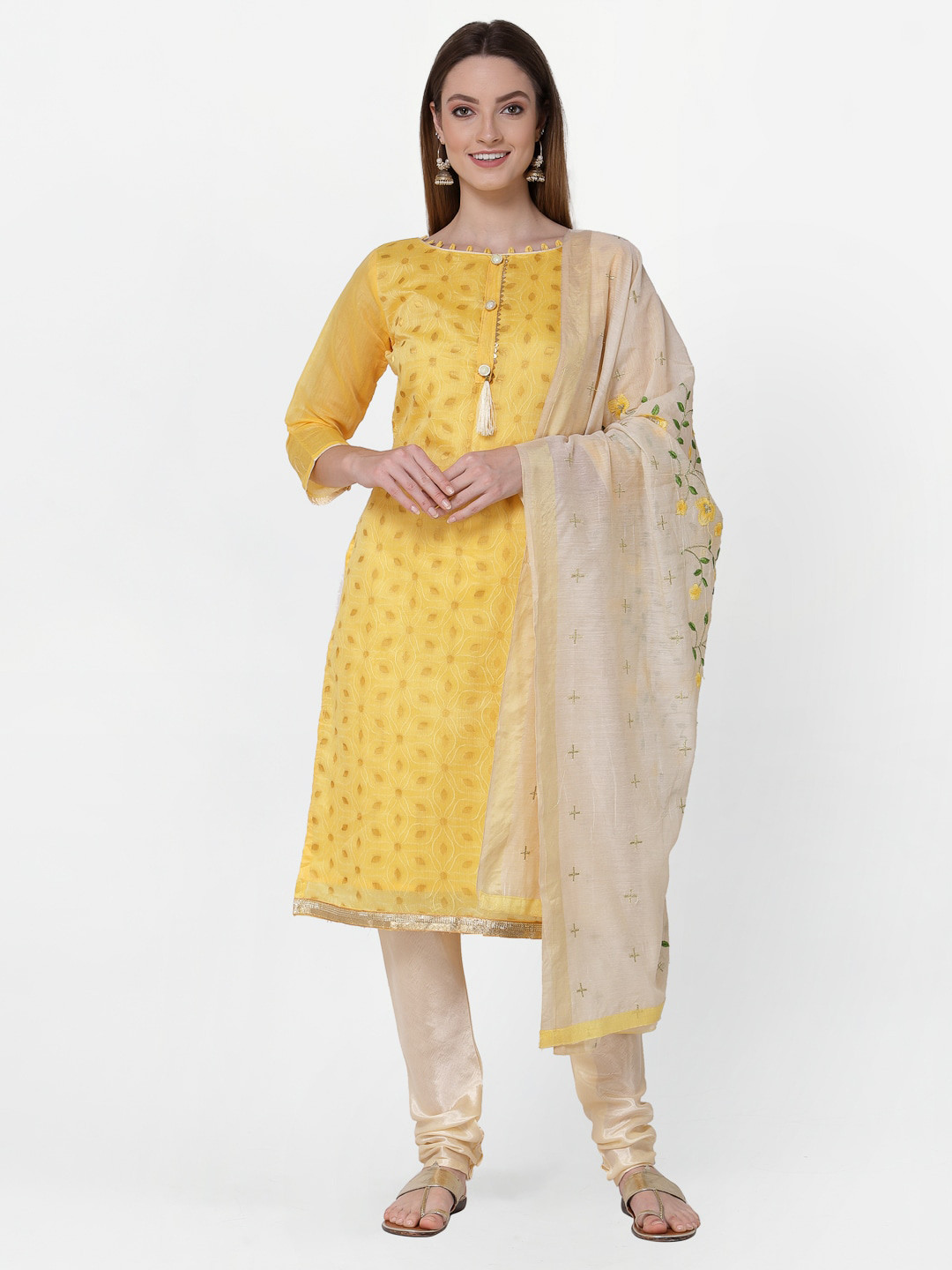 

RAJGRANTH Yellow & Beige Printed Unstitched Dress Material