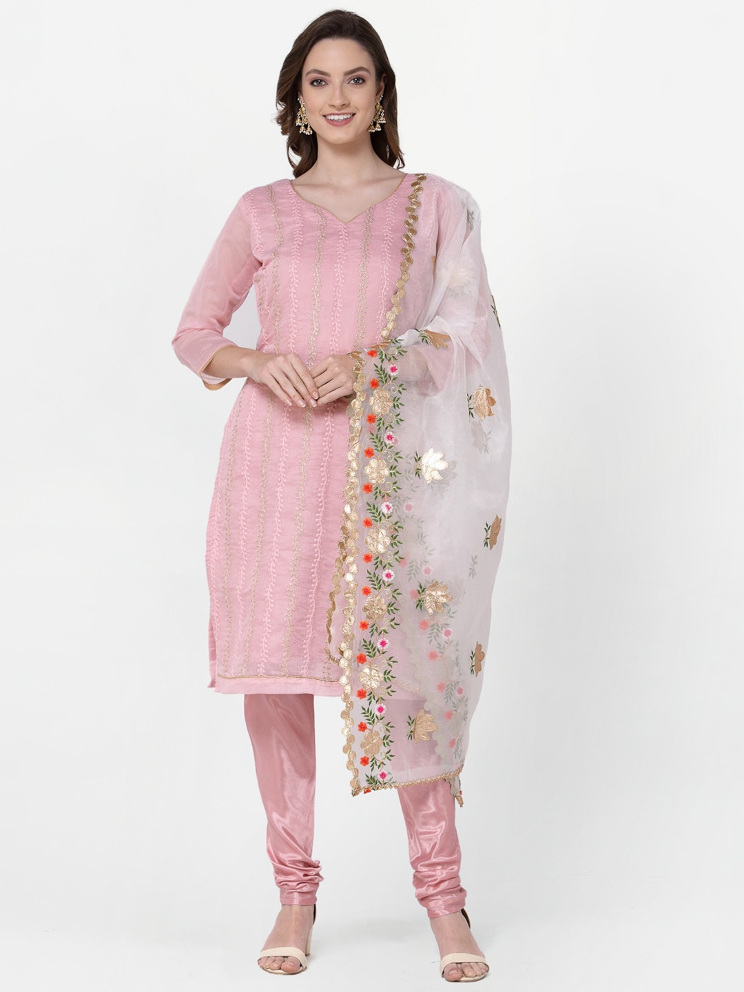 

RAJGRANTH Pink & Gold-Toned Embroidered Unstitched Dress Material