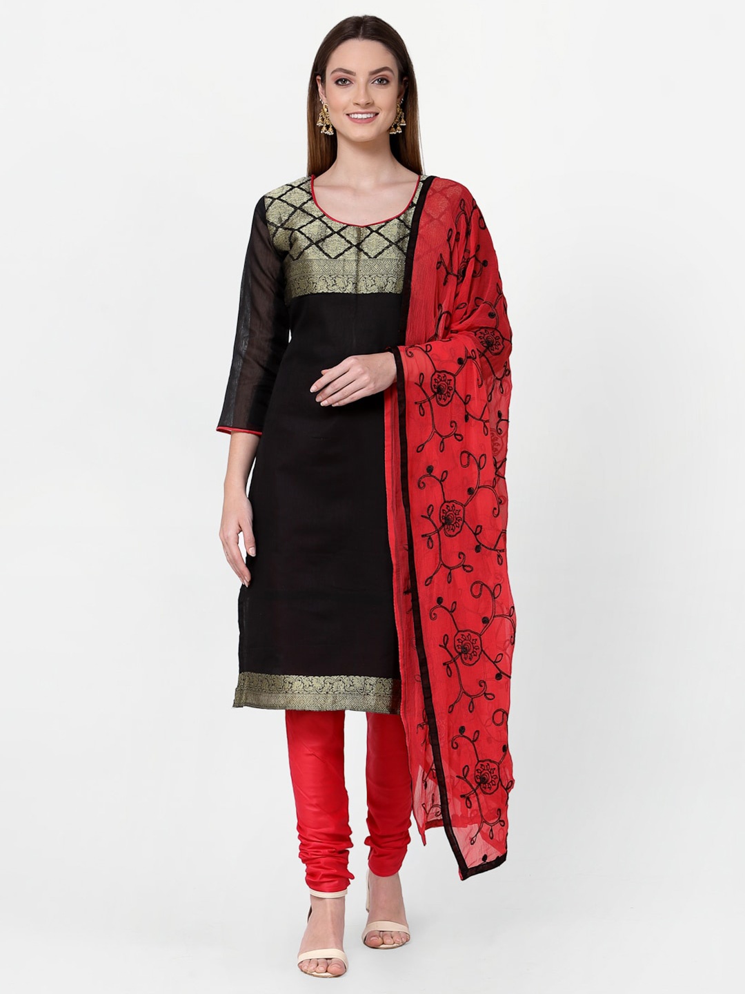 

RAJGRANTH Black & Red Unstitched Dress Material